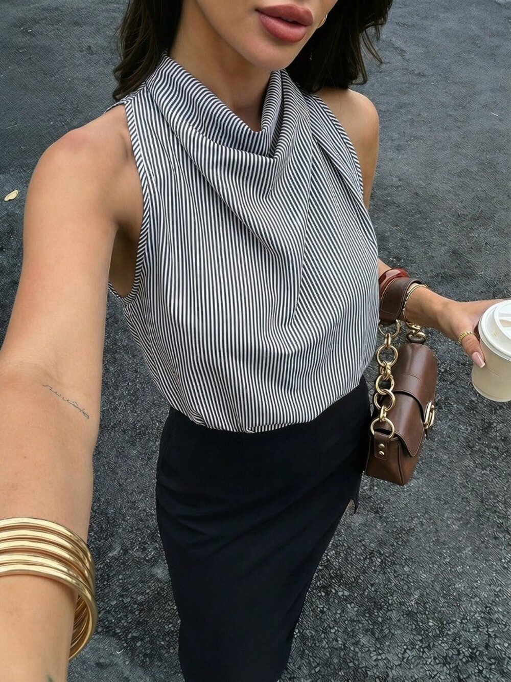 Black And White Elegant Women's Asymmetrical Pleated Vacation Festival Blouse